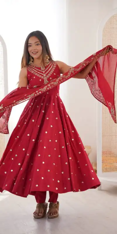 JF 038 Red Roman Silk Gown with Embroidery Work. Wedding, Party, Festive, Events, Navratri, Exclusive Offer ₹2149. Delivery 4-6 Working Days. Shop now. | Gowns, Bollywood Gowns, Creative Gowns, Designer Gowns, Embroidered Gowns, Party Wear Gowns