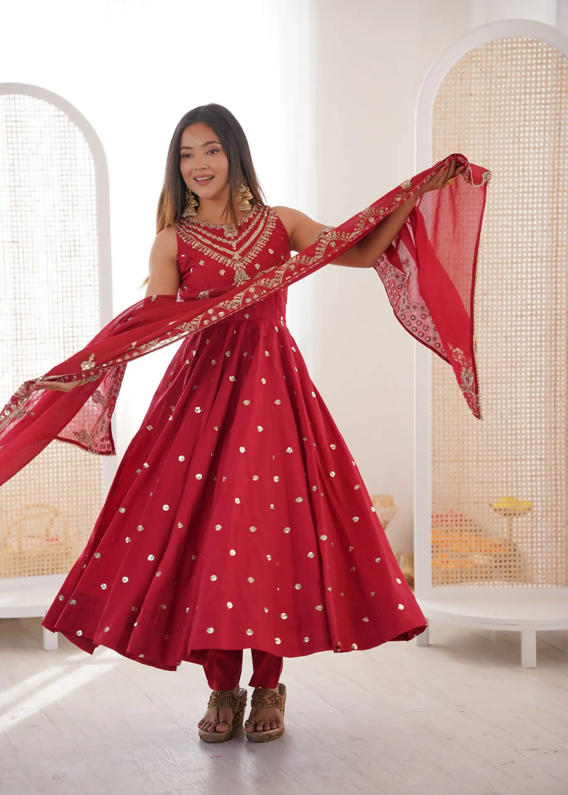 JF 038 Red Roman Silk Gown with Embroidery Work. Wedding, Party, Festive, Events, Navratri, Exclusive Offer ₹2149. Delivery 4-6 Working Days. Shop now. | Gowns, Bollywood Gowns, Creative Gowns, Designer Gowns, Embroidered Gowns, Party Wear Gowns