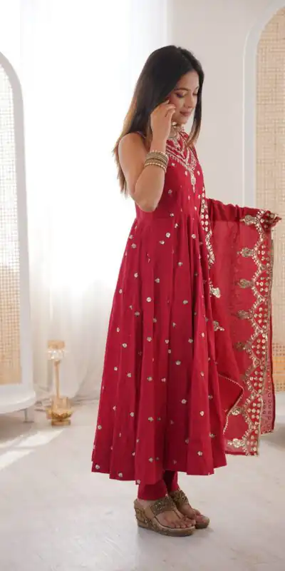 JF 038 Red Roman Silk Gown with Embroidery Work. Wedding, Party, Festive, Events, Navratri, Exclusive Offer ₹2149. Delivery 4-6 Working Days. Shop now. | Gowns, Bollywood Gowns, Creative Gowns, Designer Gowns, Embroidered Gowns, Party Wear Gowns