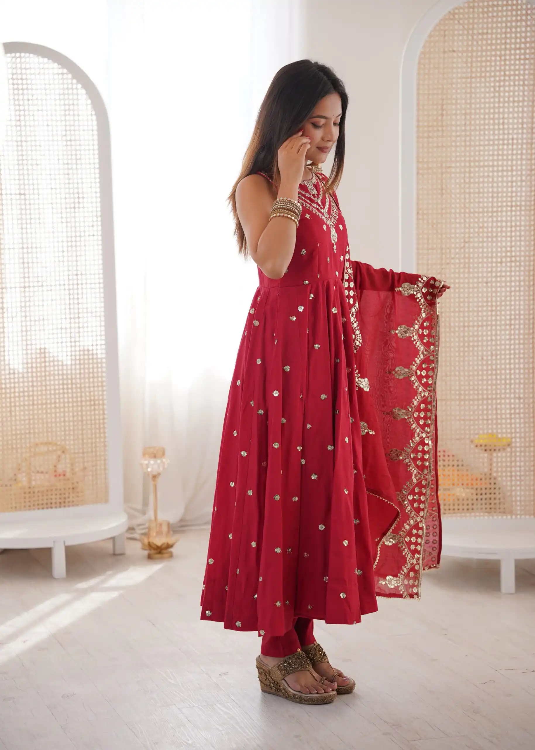 JF 038 Red Roman Silk Gown with Embroidery Work. Wedding, Party, Festive, Events, Navratri, Exclusive Offer ₹2149. Delivery 4-6 Working Days. Shop now. | Gowns, Bollywood Gowns, Creative Gowns, Designer Gowns, Embroidered Gowns, Party Wear Gowns