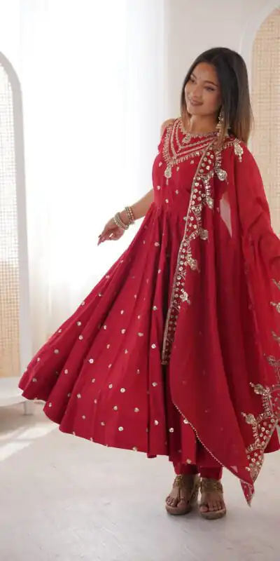 JF 038 Red Roman Silk Gown with Embroidery Work. Wedding, Party, Festive, Events, Navratri, Exclusive Offer ₹2149. Delivery 4-6 Working Days. Shop now. | Gowns, Bollywood Gowns, Creative Gowns, Designer Gowns, Embroidered Gowns, Party Wear Gowns