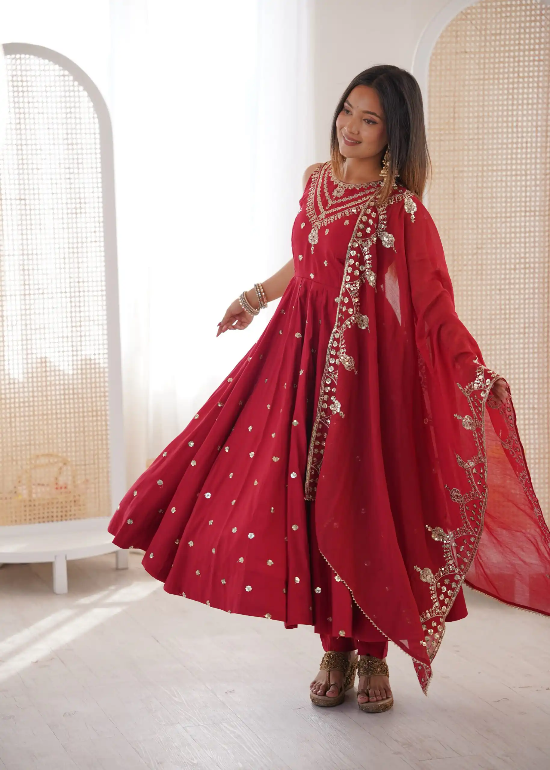 JF 038 Red Roman Silk Gown with Embroidery Work. Wedding, Party, Festive, Events, Navratri, Exclusive Offer ₹2149. Delivery 4-6 Working Days. Shop now. | Gowns, Bollywood Gowns, Creative Gowns, Designer Gowns, Embroidered Gowns, Party Wear Gowns