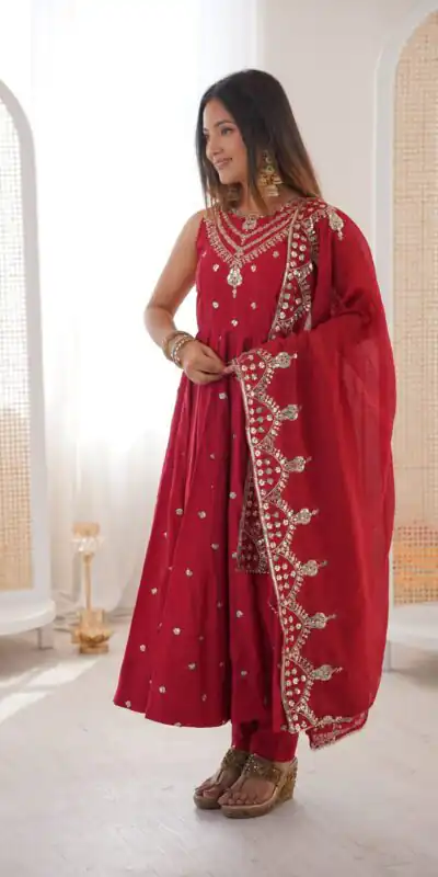 JF 038 Red Roman Silk Gown with Embroidery Work. Wedding, Party, Festive, Events, Navratri, Exclusive Offer ₹2149. Delivery 4-6 Working Days. Shop now. | Gowns, Bollywood Gowns, Creative Gowns, Designer Gowns, Embroidered Gowns, Party Wear Gowns