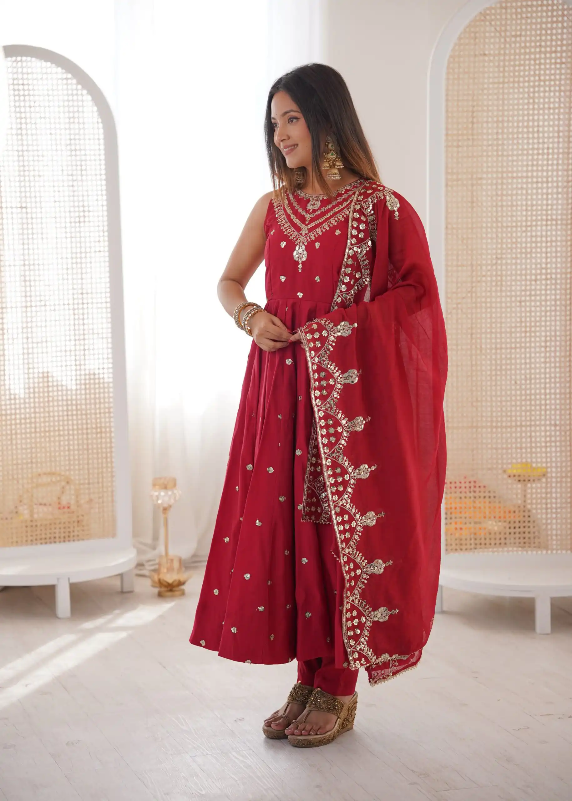 JF 038 Red Roman Silk Gown with Embroidery Work. Wedding, Party, Festive, Events, Navratri, Exclusive Offer ₹2149. Delivery 4-6 Working Days. Shop now. | Gowns, Bollywood Gowns, Creative Gowns, Designer Gowns, Embroidered Gowns, Party Wear Gowns