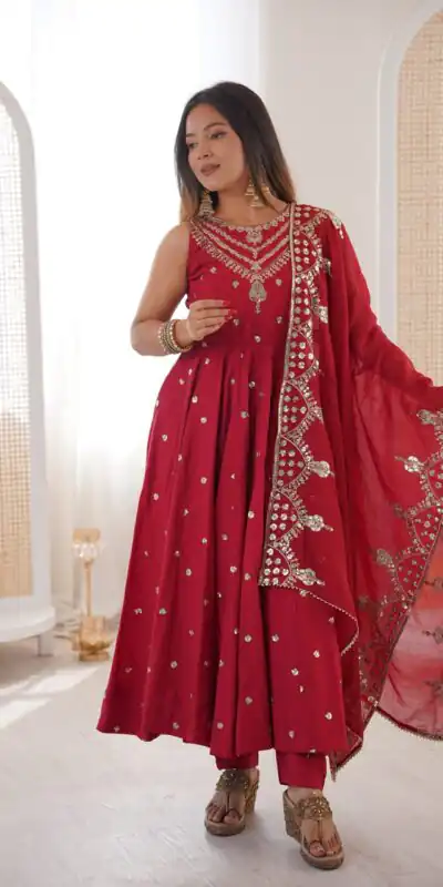 JF 038 Red Roman Silk Gown with Embroidery Work. Wedding, Party, Festive, Events, Navratri, Exclusive Offer ₹2149. Delivery 4-6 Working Days. Shop now. | Gowns, Bollywood Gowns, Creative Gowns, Designer Gowns, Embroidered Gowns, Party Wear Gowns