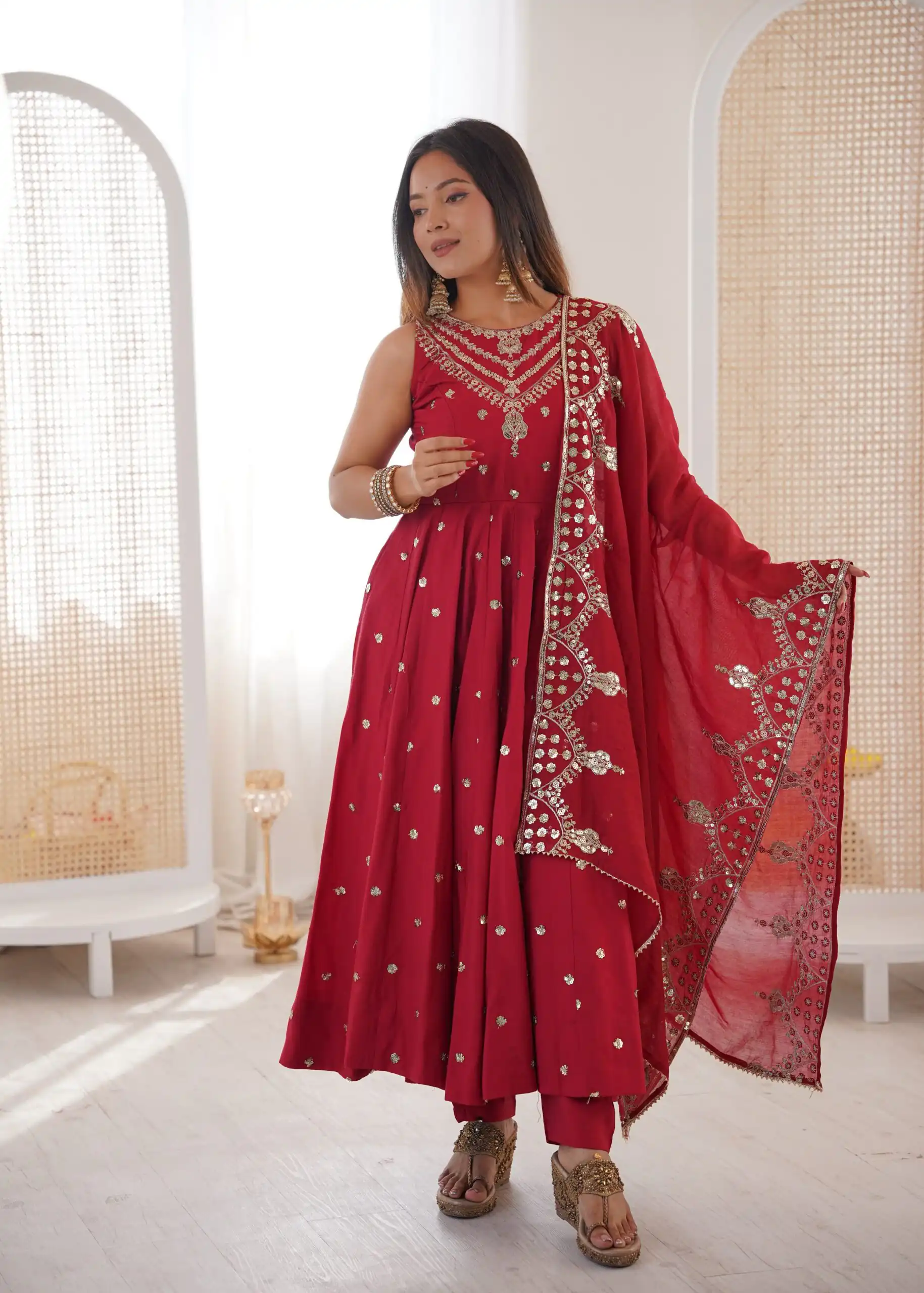 JF 038 Red Roman Silk Gown with Embroidery Work. Wedding, Party, Festive, Events, Navratri, Exclusive Offer ₹2149. Delivery 4-6 Working Days. Shop now. | Gowns, Bollywood Gowns, Creative Gowns, Designer Gowns, Embroidered Gowns, Party Wear Gowns