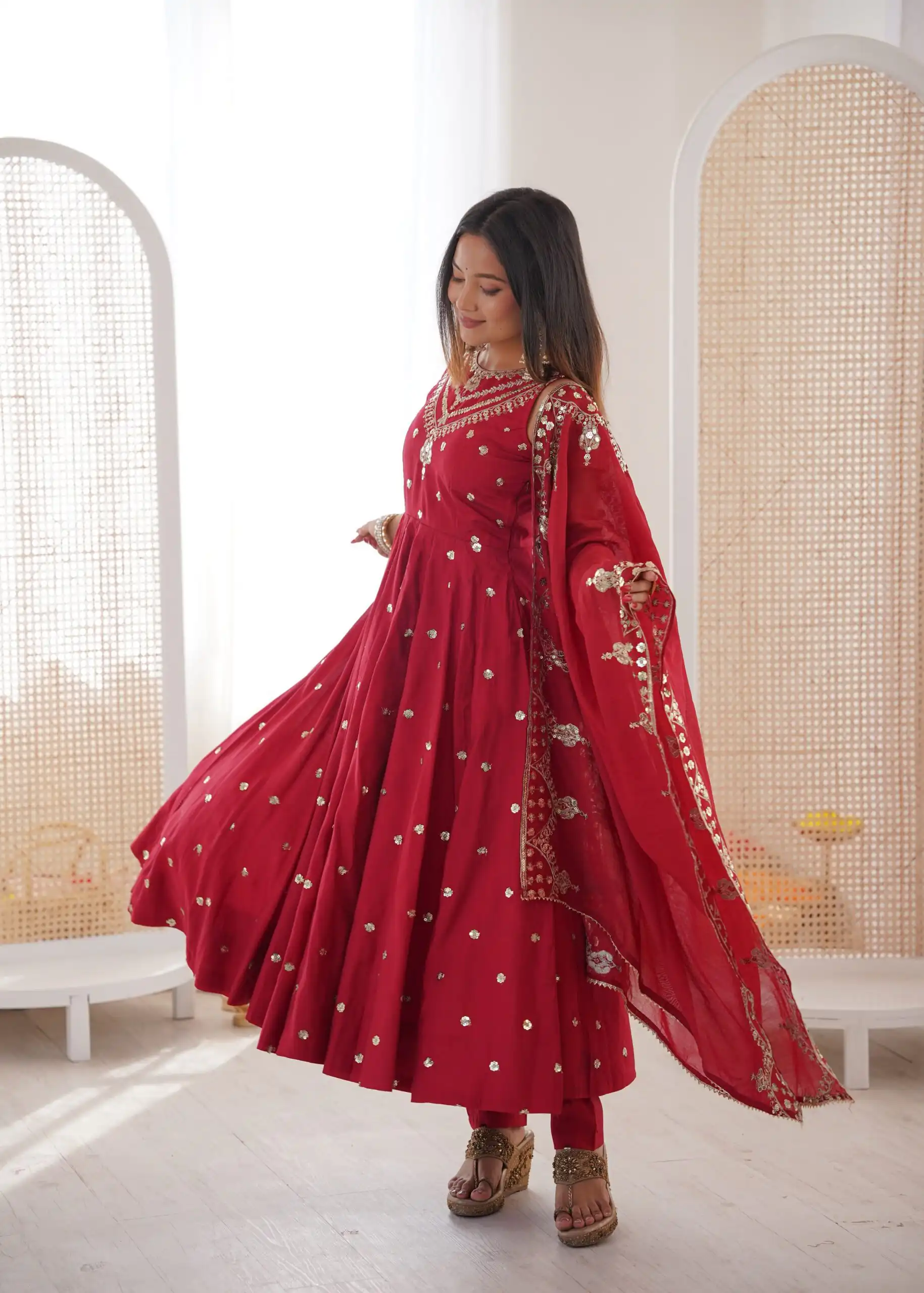 JF 038 Red Roman Silk Gown with Embroidery Work. Wedding, Party, Festive, Events, Navratri, Exclusive Offer ₹2149. Delivery 4-6 Working Days. Shop now. | Gowns, Bollywood Gowns, Creative Gowns, Designer Gowns, Embroidered Gowns, Party Wear Gowns