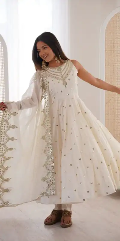 JF 038 White Roman Silk Gown with Embroidery Work. Wedding, Party, Festive, Events, Navratri, Exclusive Offer ₹2149. Delivery 4-6 Working Days. Shop now. | Gowns, Bollywood Gowns, Creative Gowns, Designer Gowns, Embroidered Gowns, Party Wear Gowns