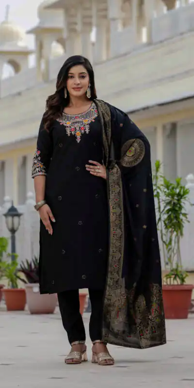 DIVA 125 | Black Roman Silk Salwar Suit with Sequins Work & Embroidery Work. Available at ₹1799 only. Delivery 4-6 Working Days. Shop now. | Jump Suits, Salwar suit, Designer Suits, Casual Suits, Creative suits, Palazzo Suits, Party Wear Suits, Patiala Suits, Straight Suits