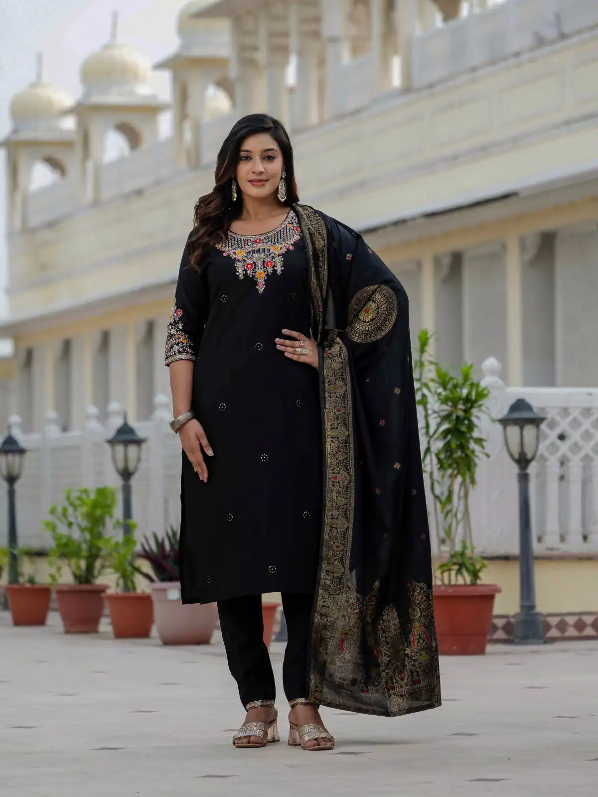DIVA 125 | Black Roman Silk Salwar Suit with Sequins Work & Embroidery Work. Available at ₹1799 only. Delivery 4-6 Working Days. Shop now. | Jump Suits, Salwar suit, Designer Suits, Casual Suits, Creative suits, Palazzo Suits, Party Wear Suits, Patiala Suits, Straight Suits