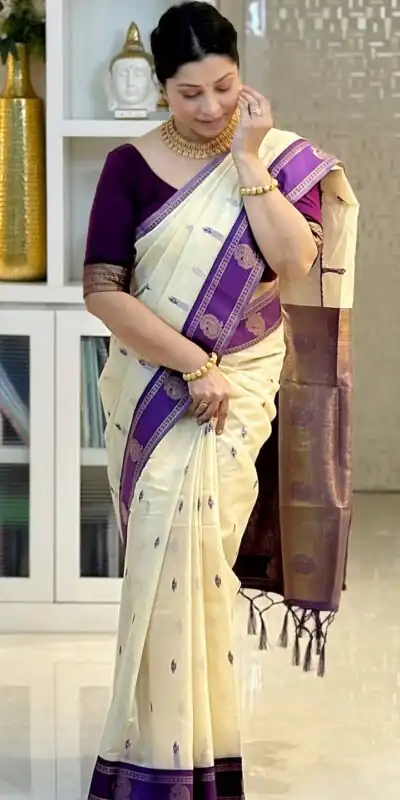 KPR 308 Cream in Soft Lichi Silk Jacquard Work Designer Work Saree . Exclusive Offer ₹1449. Delivery 4-6 Working Days. Shop now. | Sarees, Bollywood Sarees, Creative Sarees, Designer Sarees, Embroidered Sarees, Ethnic Saree, Modern Digital sarees, Party Wear Sarees