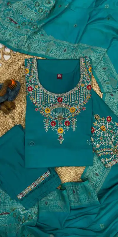 DIVA 125 | Firozi Roman Silk Salwar Suit with Sequins Work & Embroidery Work. Available at ₹1799 only. Delivery 4-6 Working Days. Shop now. | Jump Suits, Salwar suit, Designer Suits, Casual Suits, Creative suits, Palazzo Suits, Party Wear Suits, Patiala Suits, Straight Suits