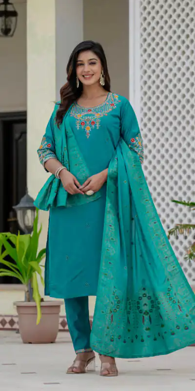 DIVA 125 | Firozi Roman Silk Salwar Suit with Sequins Work & Embroidery Work. Available at ₹1799 only. Delivery 4-6 Working Days. Shop now. | Jump Suits, Salwar suit, Designer Suits, Casual Suits, Creative suits, Palazzo Suits, Party Wear Suits, Patiala Suits, Straight Suits