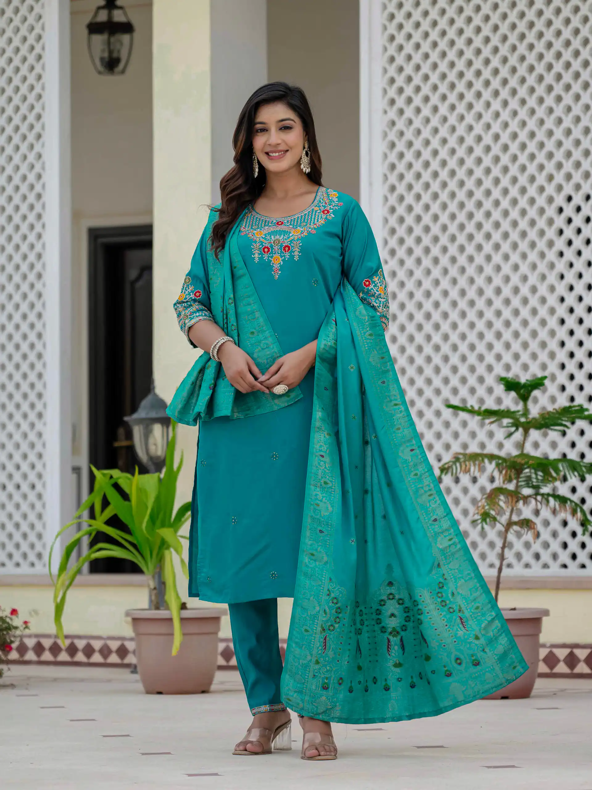 DIVA 125 | Firozi Roman Silk Salwar Suit with Sequins Work & Embroidery Work. Available at ₹1799 only. Delivery 4-6 Working Days. Shop now. | Jump Suits, Salwar suit, Designer Suits, Casual Suits, Creative suits, Palazzo Suits, Party Wear Suits, Patiala Suits, Straight Suits