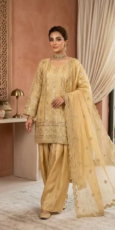 KD 1583 Golden | Golden Zimmy Silk Salwar Suit with Sequins Work. Special Price ₹1699. Delivery 4-6 Working Days. Shop now. | Jump Suits, Salwar suit, Designer Suits, Casual Suits, Creative suits, Palazzo Suits, Party Wear Suits, Patiala Suits, Straight Suits