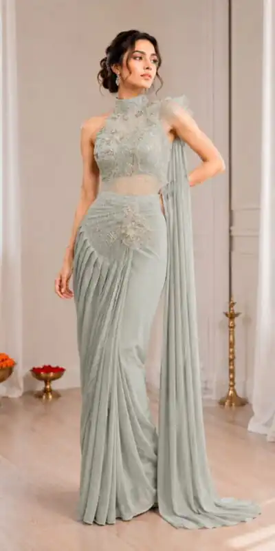 BB 82 Grey | Crep Silk Saree with Sequins Work & Embroidery Work. Special Price ₹1899. Delivery 4-6 Working Days. Shop now. | Sarees, Bollywood Sarees, Creative Sarees, Designer Sarees, Embroidered Sarees, Ethnic Saree, Modern Digital sarees, Party Wear Sarees