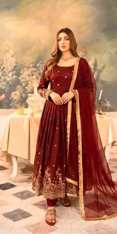 JF 051 Maroon | Maroon Fendy Silk Gown with Embroidery Work & Sequins Work. Special Price ₹2399. Delivery 4-6 Working Days. Shop now. | Gowns, Bollywood Gowns, Creative Gowns, Designer Gowns, Embroidered Gowns, Party Wear Gowns
