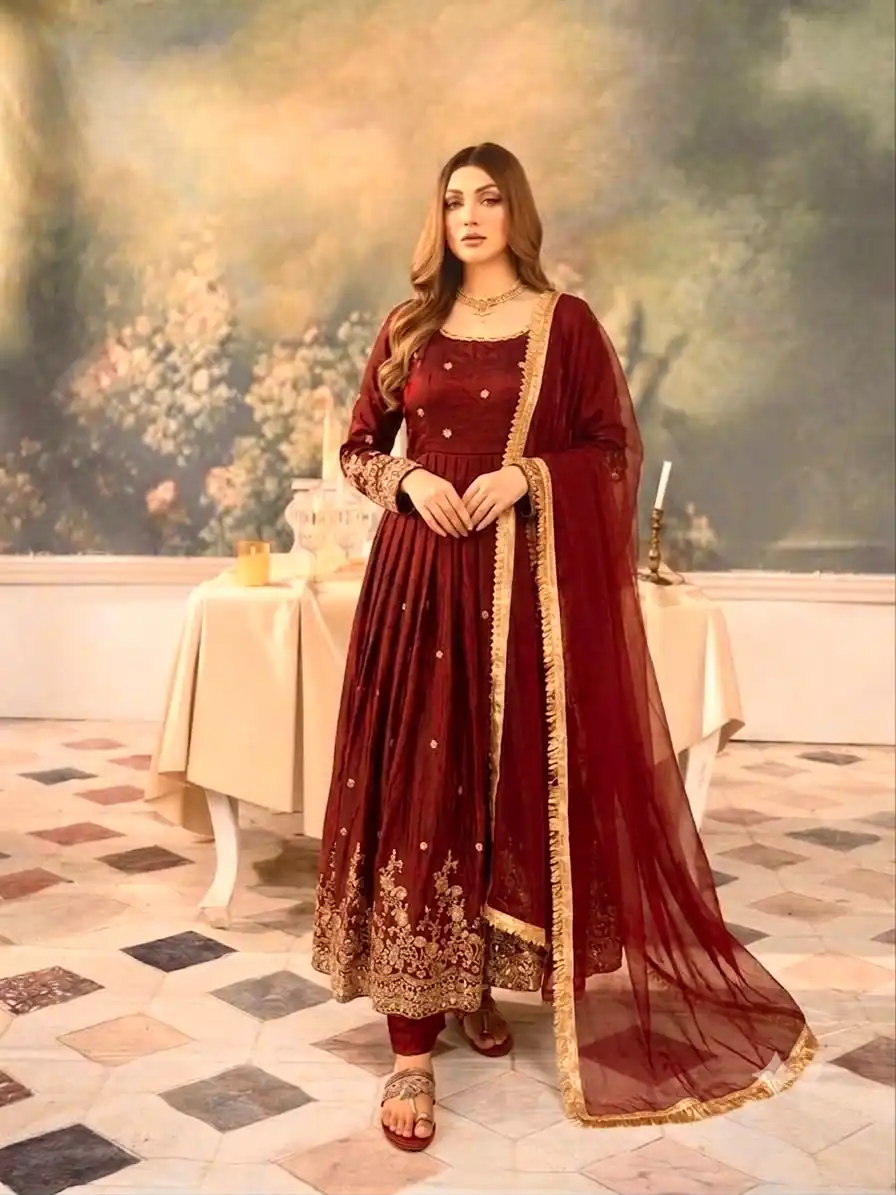 JF 051 Maroon | Maroon Fendy Silk Gown with Embroidery Work & Sequins Work. Special Price ₹2399. Delivery 4-6 Working Days. Shop now. | Gowns, Bollywood Gowns, Creative Gowns, Designer Gowns, Embroidered Gowns, Party Wear Gowns