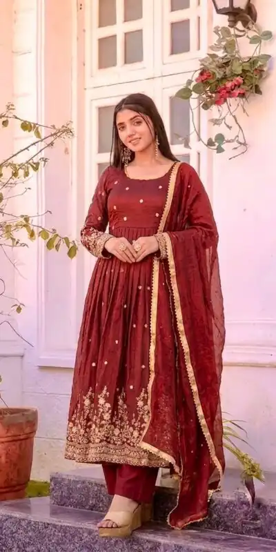 JF 051 Maroon | Maroon Fendy Silk Gown with Embroidery Work & Sequins Work. Special Price ₹2399. Delivery 4-6 Working Days. Shop now. | Gowns, Bollywood Gowns, Creative Gowns, Designer Gowns, Embroidered Gowns, Party Wear Gowns