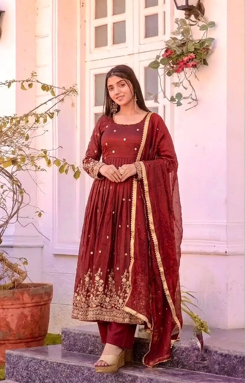 JF 051 Maroon | Maroon Fendy Silk Gown with Embroidery Work & Sequins Work. Special Price ₹2399. Delivery 4-6 Working Days. Shop now. | Gowns, Bollywood Gowns, Creative Gowns, Designer Gowns, Embroidered Gowns, Party Wear Gowns