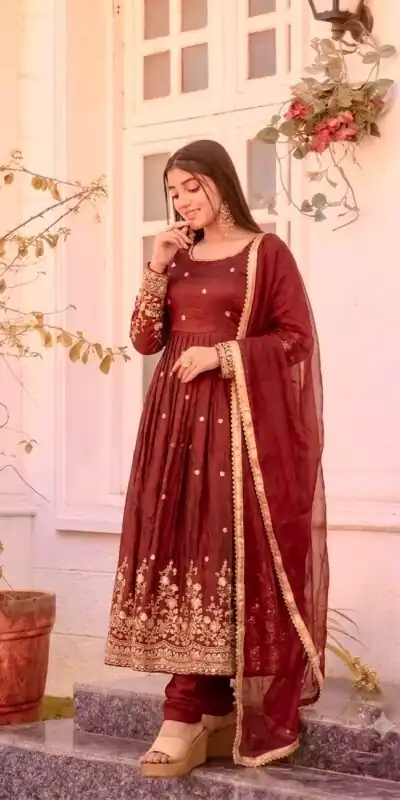 JF 051 Maroon | Maroon Fendy Silk Gown with Embroidery Work & Sequins Work. Special Price ₹2399. Delivery 4-6 Working Days. Shop now. | Gowns, Bollywood Gowns, Creative Gowns, Designer Gowns, Embroidered Gowns, Party Wear Gowns