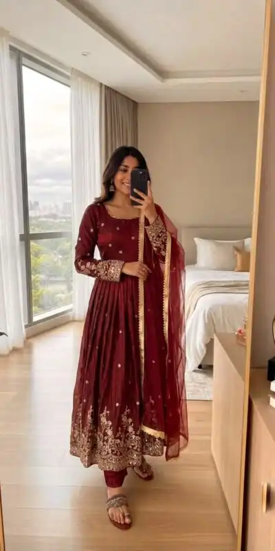 JF 051 Maroon | Maroon Fendy Silk Gown with Embroidery Work & Sequins Work. Special Price ₹2399. Delivery 4-6 Working Days. Shop now. | Gowns, Bollywood Gowns, Creative Gowns, Designer Gowns, Embroidered Gowns, Party Wear Gowns