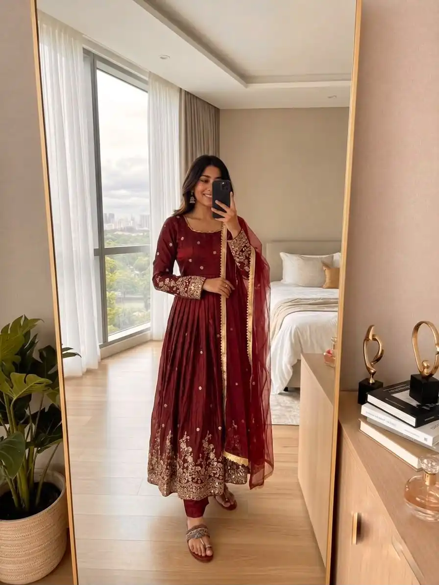 JF 051 Maroon | Maroon Fendy Silk Gown with Embroidery Work & Sequins Work. Special Price ₹2399. Delivery 4-6 Working Days. Shop now. | Gowns, Bollywood Gowns, Creative Gowns, Designer Gowns, Embroidered Gowns, Party Wear Gowns