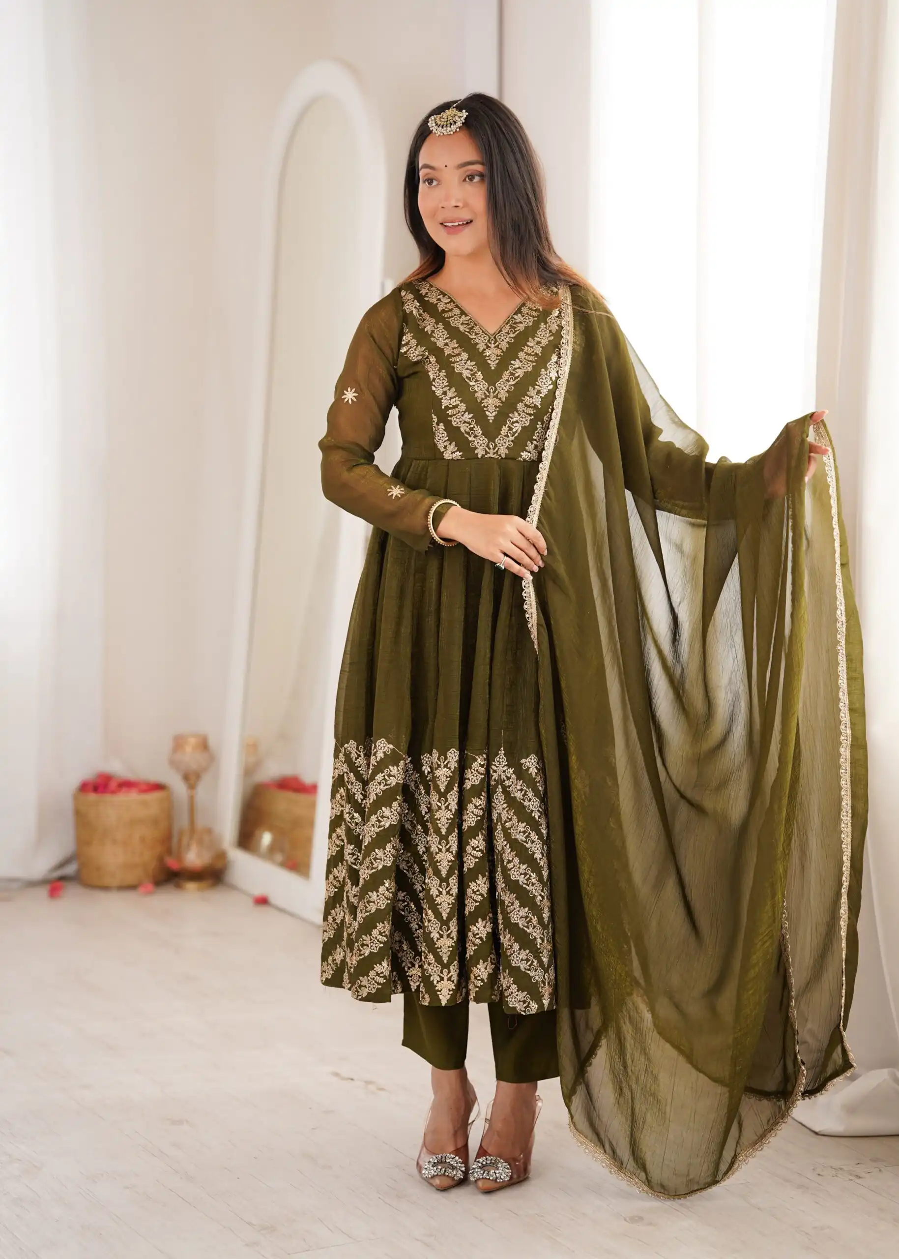JF 050 Mehandi Embroidery Work & Sequins Work Salwar Suit in Peach Crunchy Silk. Festive Deal ₹2099. Delivery 4-6 Working Days. Shop now. | Anarkali Suits, Bollywood Anarkali, Creative-Anarkali, Designer Anarkali, Embroidered Anarkali, Party Wear Anarkali