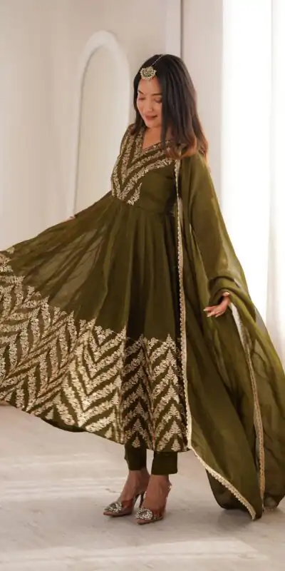JF 050 Mehandi Embroidery Work & Sequins Work Salwar Suit in Peach Crunchy Silk. Festive Deal ₹2099. Delivery 4-6 Working Days. Shop now. | Anarkali Suits, Bollywood Anarkali, Creative-Anarkali, Designer Anarkali, Embroidered Anarkali, Party Wear Anarkali