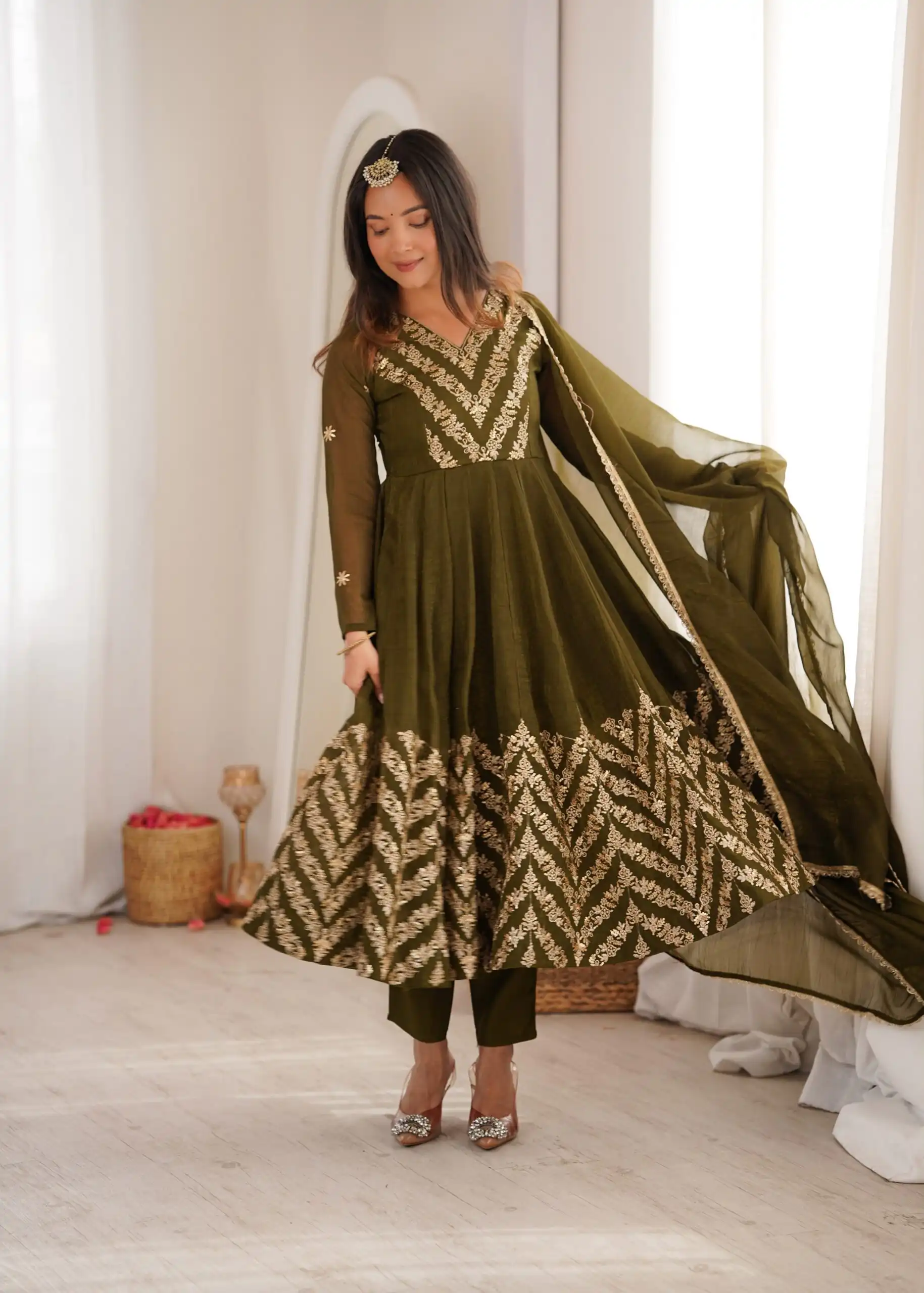 JF 050 Mehandi Embroidery Work & Sequins Work Salwar Suit in Peach Crunchy Silk. Festive Deal ₹2099. Delivery 4-6 Working Days. Shop now. | Anarkali Suits, Bollywood Anarkali, Creative-Anarkali, Designer Anarkali, Embroidered Anarkali, Party Wear Anarkali