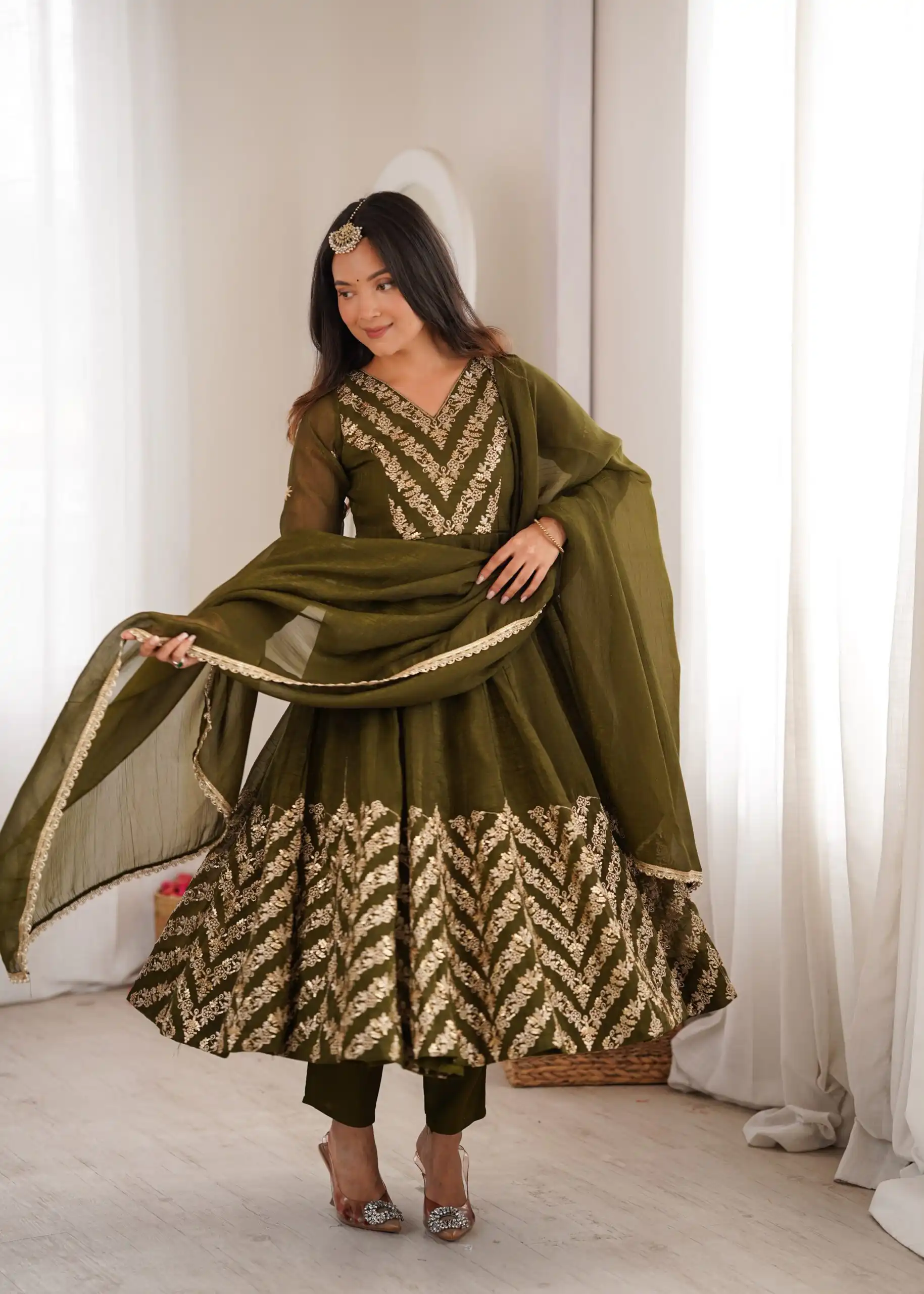 JF 050 Mehandi Embroidery Work & Sequins Work Salwar Suit in Peach Crunchy Silk. Festive Deal ₹2099. Delivery 4-6 Working Days. Shop now. | Anarkali Suits, Bollywood Anarkali, Creative-Anarkali, Designer Anarkali, Embroidered Anarkali, Party Wear Anarkali