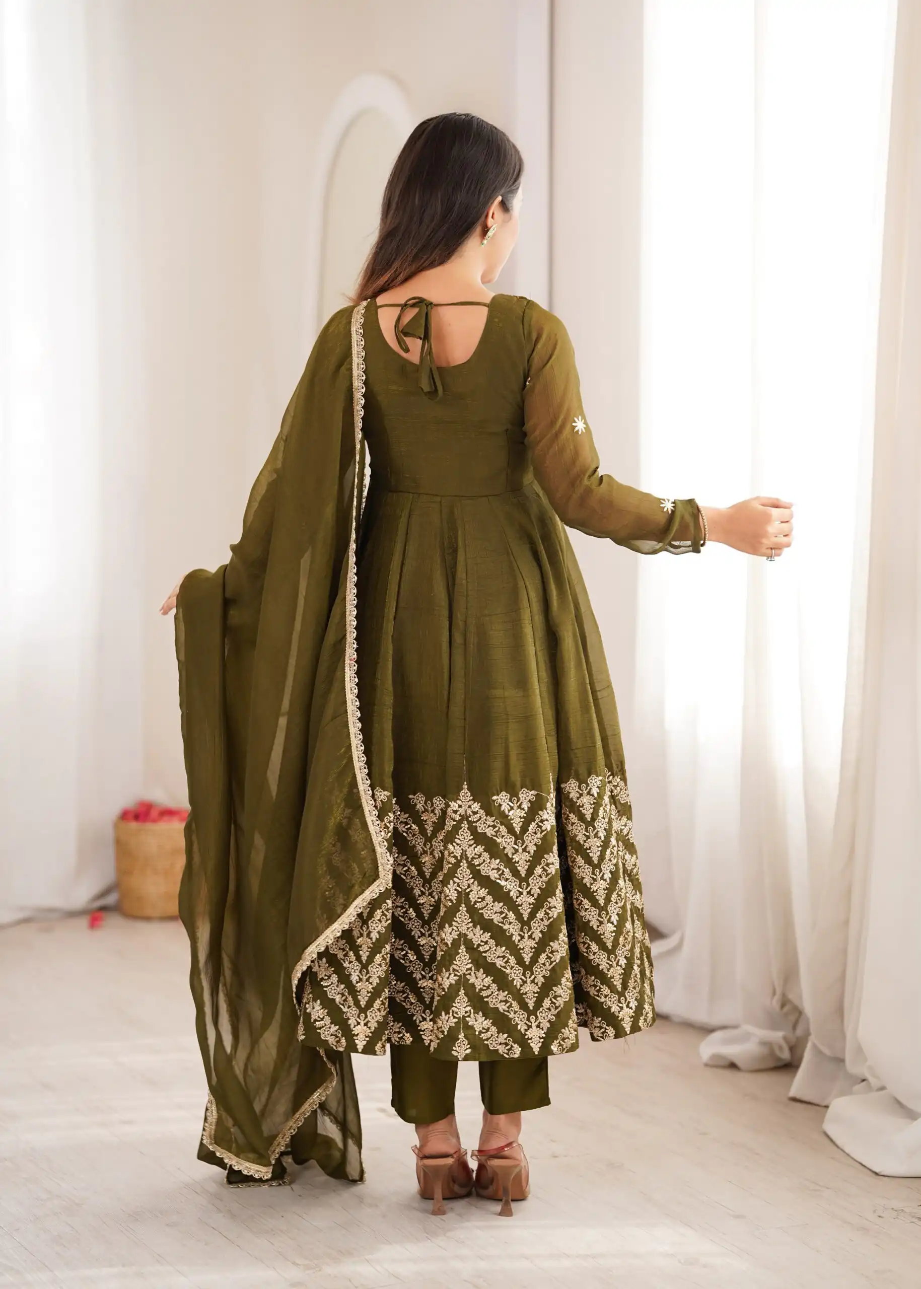 JF 050 Mehandi Embroidery Work & Sequins Work Salwar Suit in Peach Crunchy Silk. Festive Deal ₹2099. Delivery 4-6 Working Days. Shop now. | Anarkali Suits, Bollywood Anarkali, Creative-Anarkali, Designer Anarkali, Embroidered Anarkali, Party Wear Anarkali