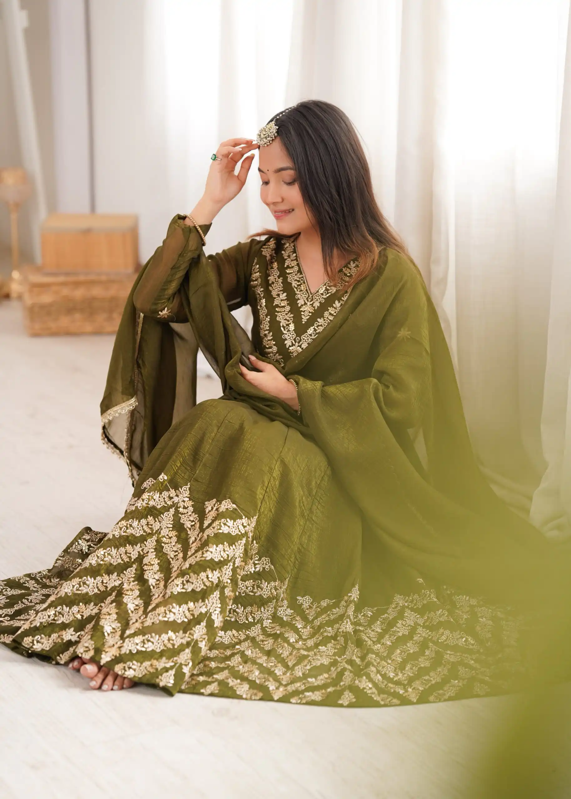 JF 050 Mehandi Embroidery Work & Sequins Work Salwar Suit in Peach Crunchy Silk. Festive Deal ₹2099. Delivery 4-6 Working Days. Shop now. | Anarkali Suits, Bollywood Anarkali, Creative-Anarkali, Designer Anarkali, Embroidered Anarkali, Party Wear Anarkali