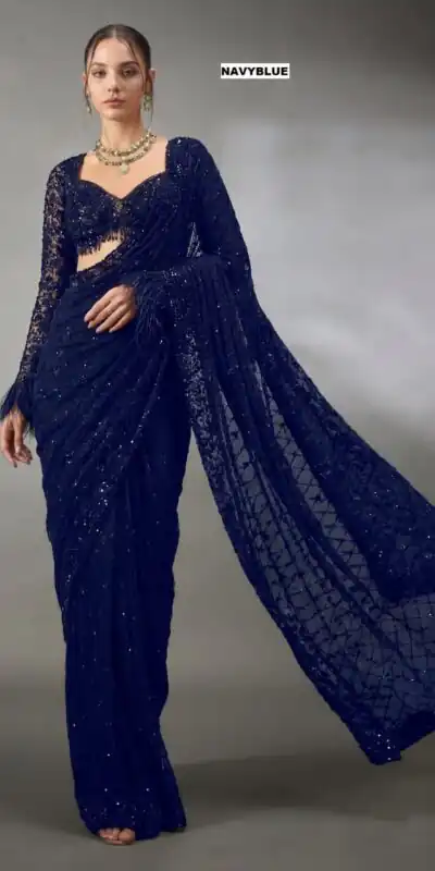DF 3474 Navy Blue Faux Georgette Saree Perfect for Wedding, Party, Bridal Wear, Baisakhi, Raksha Bandhan –. Introductory Price ₹1799. Delivery 4-6 Workin | Sarees, Bollywood Sarees, Creative Sarees, Designer Sarees, Embroidered Sarees, Ethnic Saree, Modern Digital sarees, Party Wear Sarees