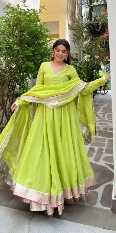 RTC 6048 Parrot Green | Parrot Tabby Organza Silk Gown with Hand Work & Mirror Work. Special Price ₹2549. Delivery 4-6 Working Days. Shop now. | Gowns, Bollywood Gowns, Creative Gowns, Designer Gowns, Embroidered Gowns, Party Wear Gowns
