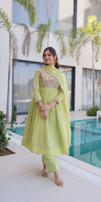KA 1239 Pista Roman Silk Gown Perfect for Wedding, Party, Reception, Karwa Chauth, Baby Shower – . Now at just ₹2599. Delivery 4-6 Working Days. Shop | Gowns, Bollywood Gowns, Creative Gowns, Designer Gowns, Embroidered Gowns, Party Wear Gowns, Casual Suits