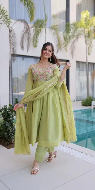 KA 1239 Pista Roman Silk Gown Perfect for Wedding, Party, Reception, Karwa Chauth, Baby Shower – . Now at just ₹2599. Delivery 4-6 Working Days. Shop | Gowns, Bollywood Gowns, Creative Gowns, Designer Gowns, Embroidered Gowns, Party Wear Gowns, Casual Suits