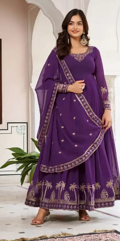 SP 31 Purple Faux Georgette Salwar Suit with Lace Work & Digital Print. Introductory Price ₹1999. Delivery 4-6 Working Days. Shop now. | Anarkali Suits, Bollywood Anarkali, Creative-Anarkali, Designer Anarkali, Embroidered Anarkali, Party Wear Anarkali, Salwar suit