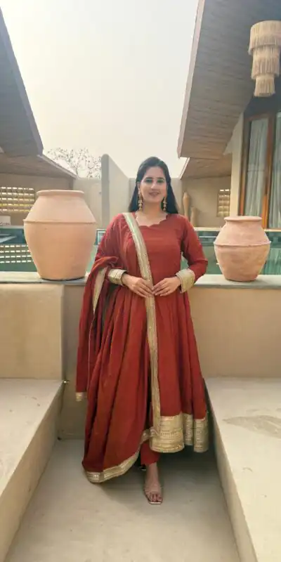 NF 1293 Rust NC Vichitra Salwar Suit with Sequins Work & Embroidery Work. Available at ₹2499 only. Delivery 4-6 Working Days. Shop now. | Anarkali Suits, Bollywood Anarkali, Creative-Anarkali, Designer Anarkali, Embroidered Anarkali, Party Wear Anarkali, Salwar suit