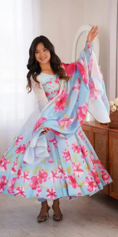 KB 308 Sky Blue Sky Blue Organza Silk Salwar Sui Perfect for Wedding, Party, Housewarming, Ganesh Chaturthi, Reception – t. Affordable Price ₹1999. Delivery | Anarkali Suits, Bollywood Anarkali, Creative-Anarkali, Designer Anarkali, Embroidered Anarkali, Party Wear Anarkali