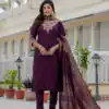 DIVA 125 | Wine Roman Silk Salwar Suit with Sequins Work & Embroidery Work. Available at ₹1799 only. Delivery 4-6 Working Days. Shop now. | Jump Suits, Salwar suit, Designer Suits, Casual Suits, Creative suits, Palazzo Suits, Party Wear Suits, Patiala Suits, Straight Suits