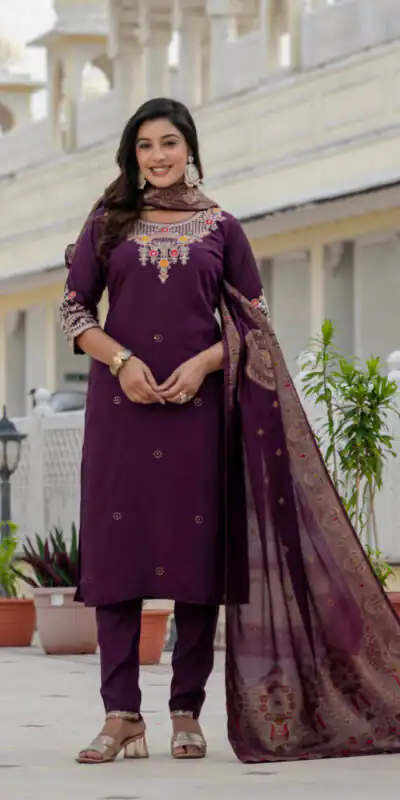 DIVA 125 | Wine Roman Silk Salwar Suit with Sequins Work & Embroidery Work. Available at ₹1799 only. Delivery 4-6 Working Days. Shop now. | Jump Suits, Salwar suit, Designer Suits, Casual Suits, Creative suits, Palazzo Suits, Party Wear Suits, Patiala Suits, Straight Suits