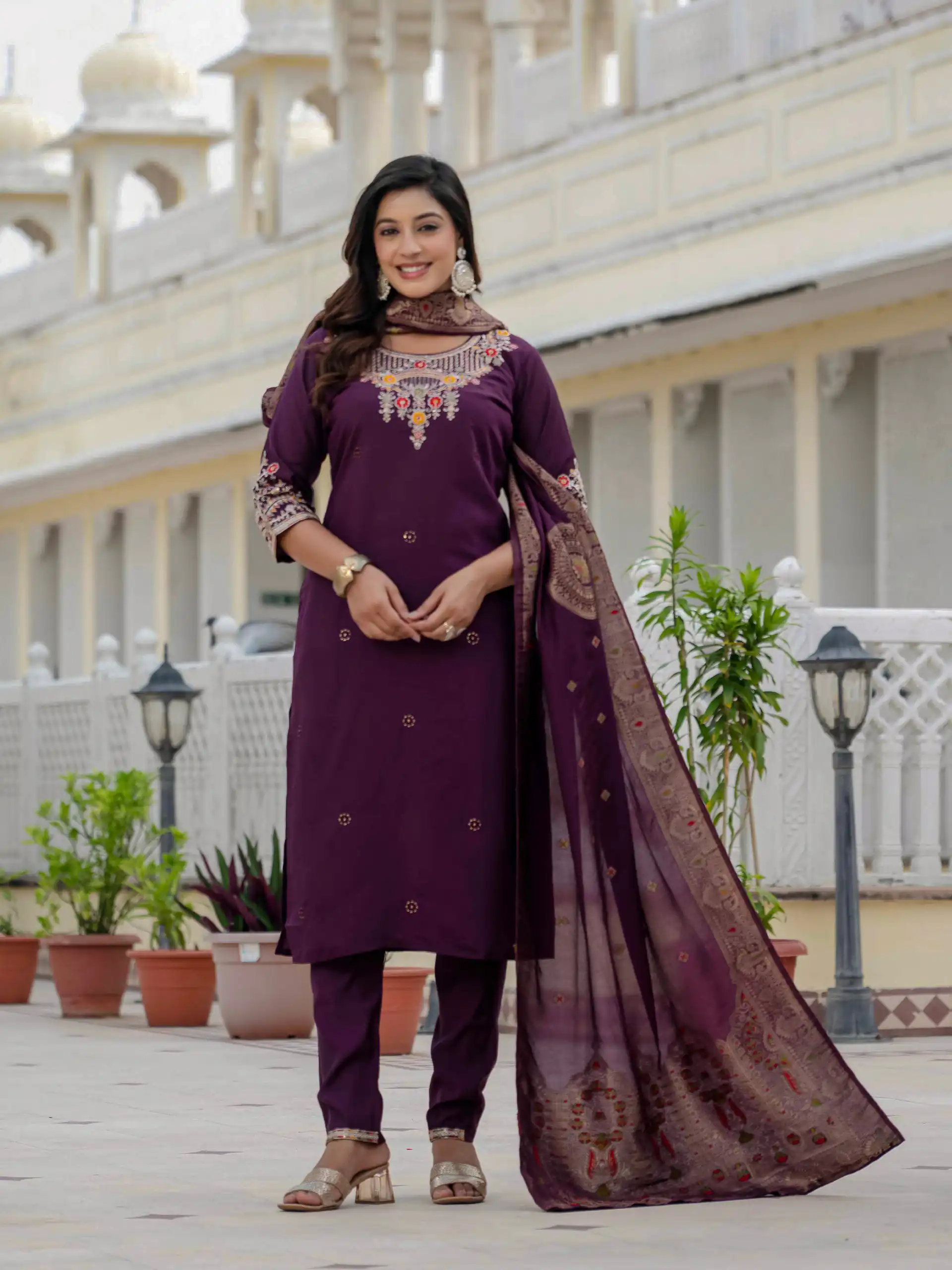 DIVA 125 | Wine Roman Silk Salwar Suit with Sequins Work & Embroidery Work. Available at ₹1799 only. Delivery 4-6 Working Days. Shop now. | Jump Suits, Salwar suit, Designer Suits, Casual Suits, Creative suits, Palazzo Suits, Party Wear Suits, Patiala Suits, Straight Suits