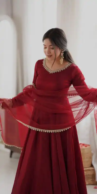 SRK 5355 Maroon Doremon Crush Gown with Lace Work & Mirror Work. Exclusive Offer ₹2099. Delivery 4-6 Working Days. Shop now. | Gowns, Bollywood Gowns, Creative Gowns, Designer Gowns, Embroidered Gowns, Party Wear Gowns