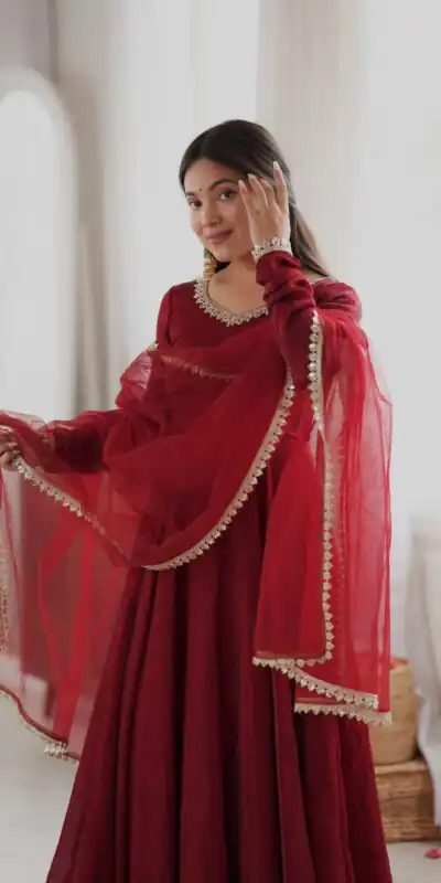 SRK 5355 Maroon Doremon Crush Gown with Lace Work & Mirror Work. Exclusive Offer ₹2099. Delivery 4-6 Working Days. Shop now. | Gowns, Bollywood Gowns, Creative Gowns, Designer Gowns, Embroidered Gowns, Party Wear Gowns