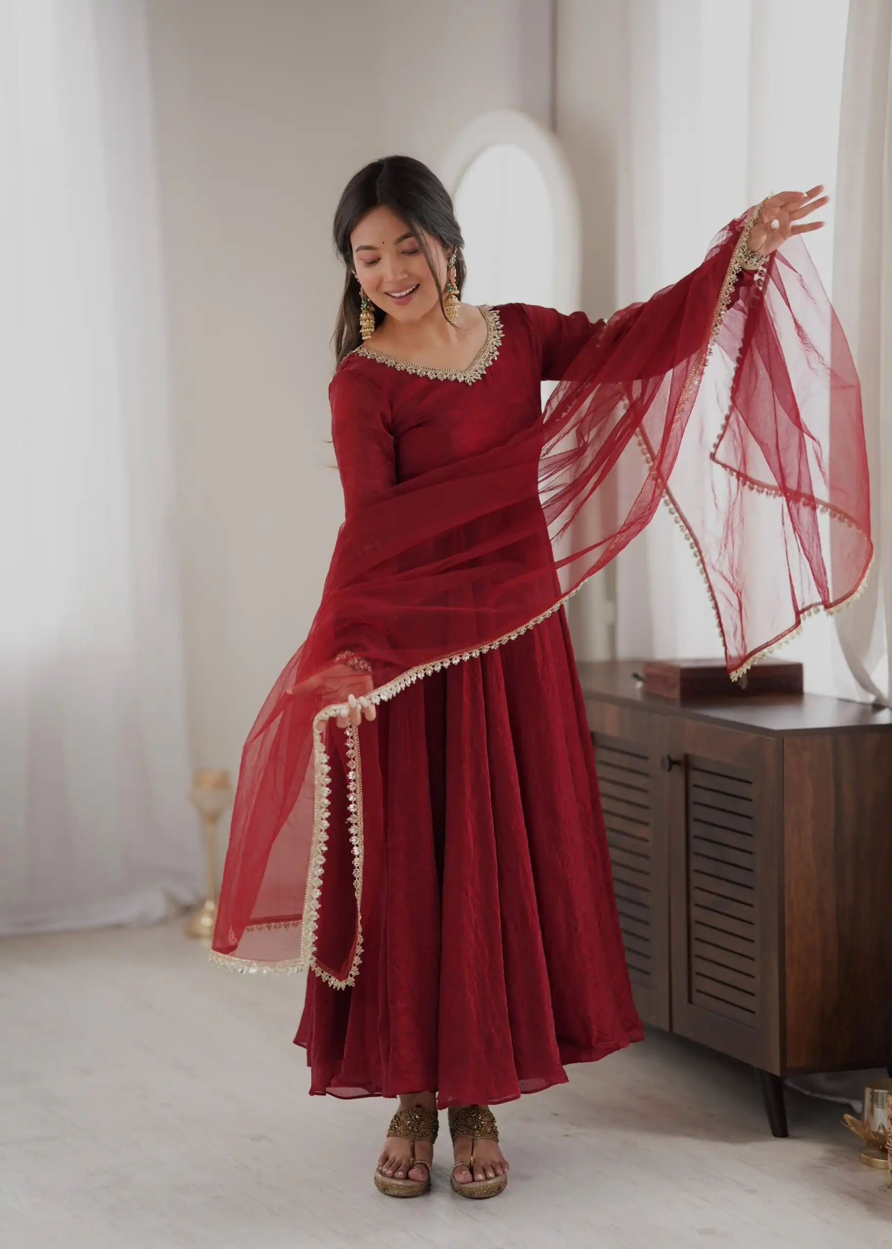 SRK 5355 Maroon Doremon Crush Gown with Lace Work & Mirror Work. Exclusive Offer ₹2099. Delivery 4-6 Working Days. Shop now. | Gowns, Bollywood Gowns, Creative Gowns, Designer Gowns, Embroidered Gowns, Party Wear Gowns