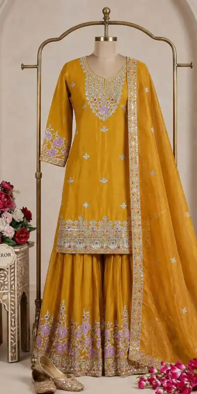 WW 1273 Mustered Chinon Silk Salwar Suit with Embroidery Work & Sequins Work. Get it for ₹2499. Delivery 4-6 Working Days. Shop now. | Jump Suits, Salwar suit, Designer Suits, Casual Suits, Creative suits, Palazzo Suits, Party Wear Suits, Patiala Suits, Straight Suits