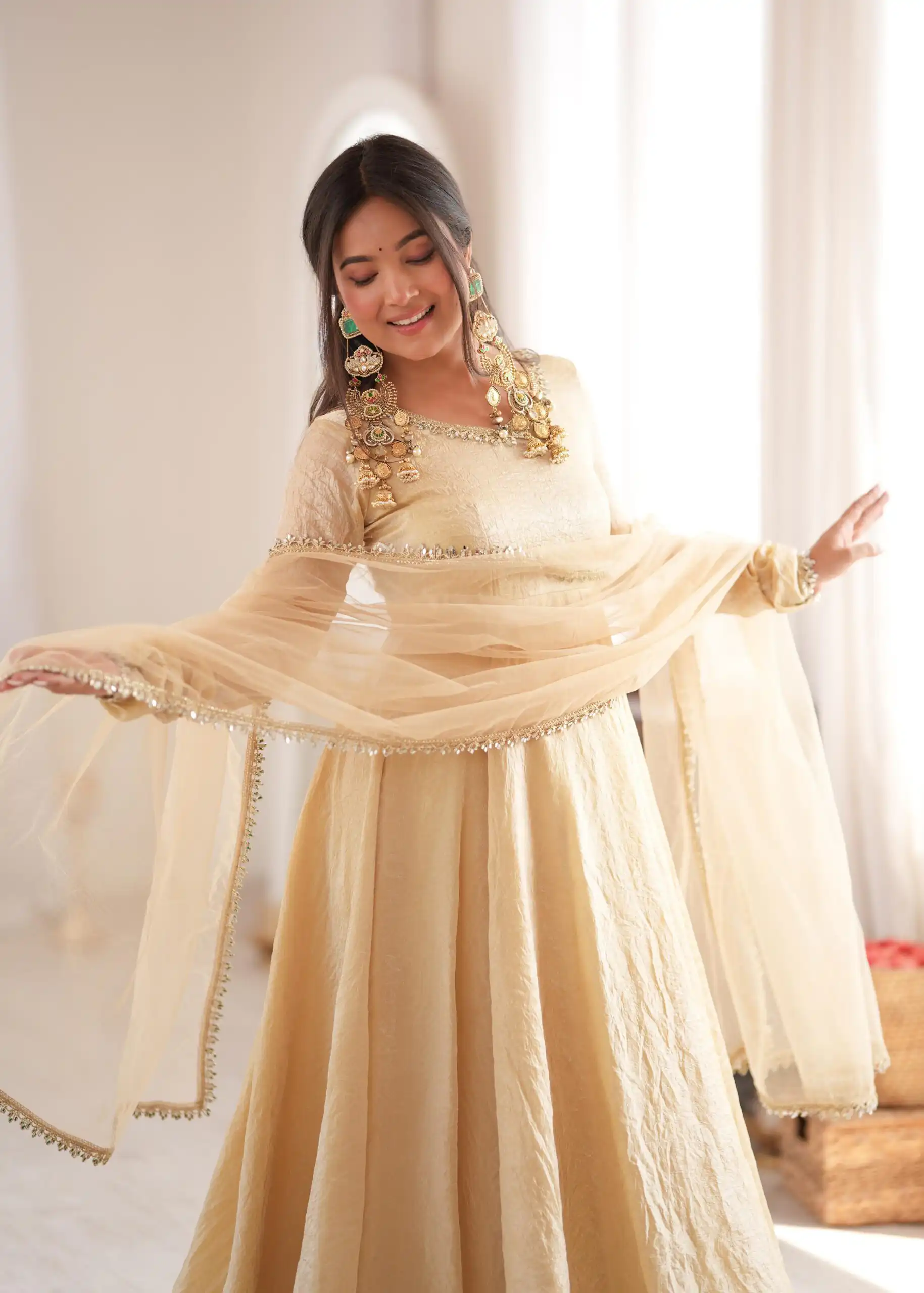 Glowing Off White Doremon Crush Real Mirror Work Gown - Image 2