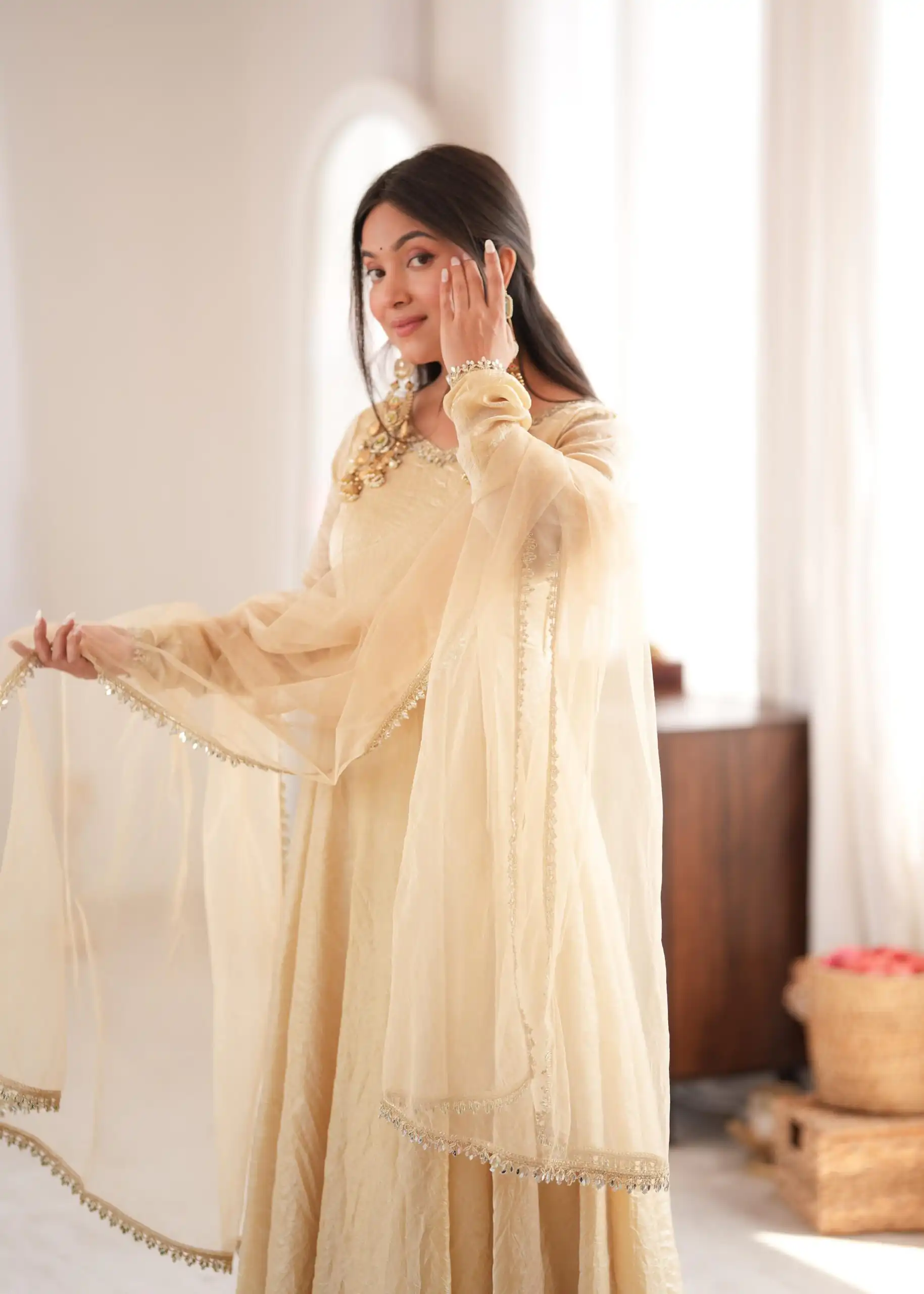 Glowing Off White Doremon Crush Real Mirror Work Gown - Image 11