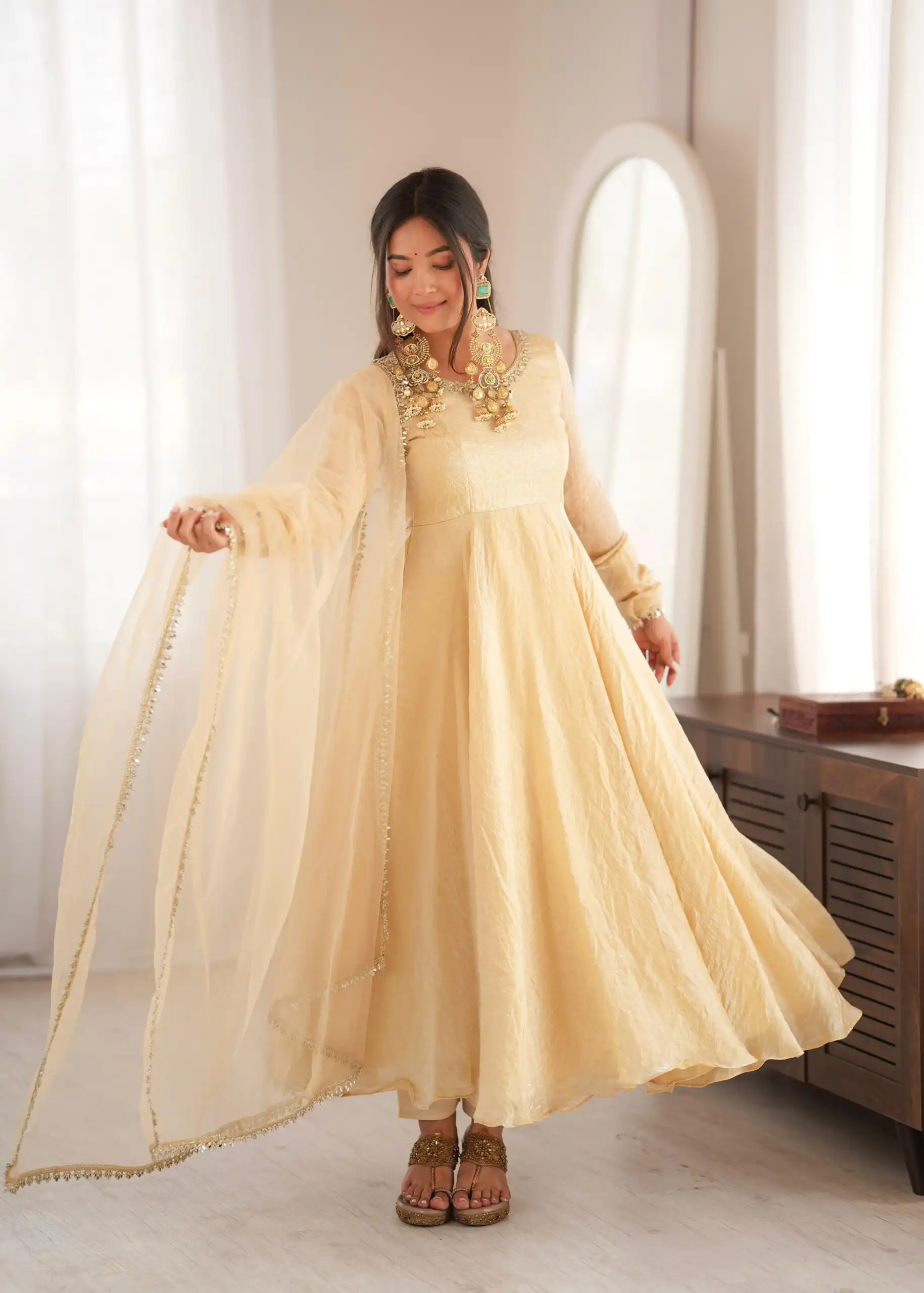 Glowing Off White Doremon Crush Real Mirror Work Gown - Image 12